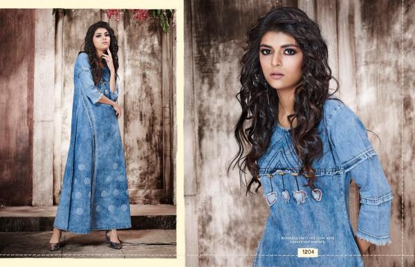 kajree kayara long denim with work gown style kurtis edition